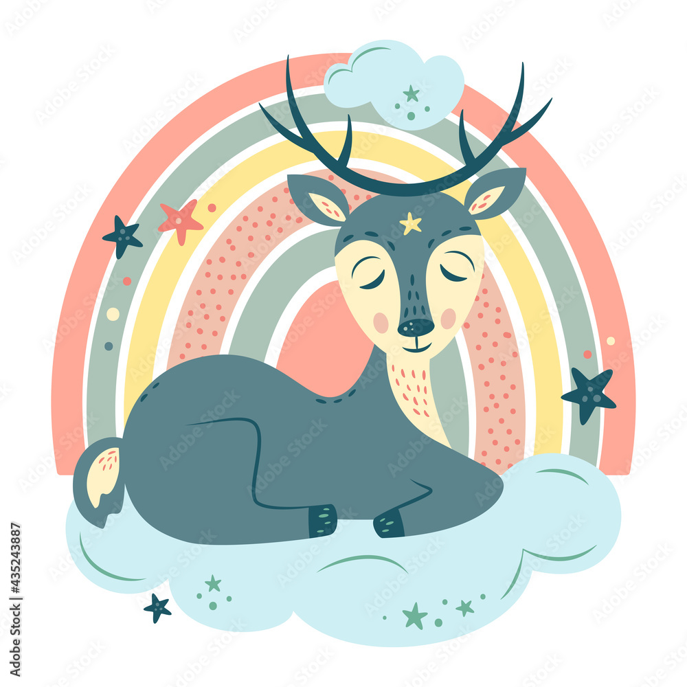 Nursery Vector illustration in cartoon style. Cute deer sleeping on cloud, rainbow and stars. For baby room, baby shower, greeting card, textile print