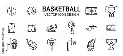 basketball sport related vector icon user interface graphic design. Contains such Icons as basket ball, field, floor, court, uniform, pant, snicker, shoes, score board, fingering, trophy, goal