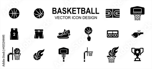 basketball sport related vector icon user interface graphic design. Contains such Icons as basket ball, field, floor, court, uniform, pant, snicker, shoes, score board, fingering, trophy, goal