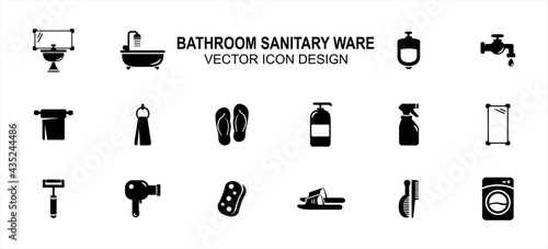 Bathroom and sanitary part related vector icon user interface graphic design. Contains such Icons as washtub, bathtub, urinary, toilet paper, sandal, flip flop, liquid soap, sprayer, mirror, razor