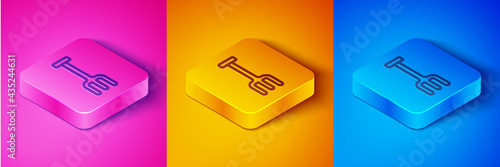Isometric line Garden rake icon isolated on pink and orange, blue background. Tool for horticulture, agriculture, farming. Ground cultivator. Housekeeping equipment. Square button. Vector