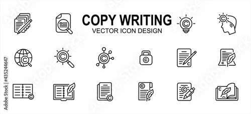 Copy writing and publisher author related vector icon user interface graphic design. Contains such icons as text, write, pencil and paper, copyright, light bulb, quill, book, international,network