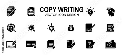 Copy writing and publisher author related vector icon user interface graphic design. Contains such icons as text, write, pencil and paper, copyright, light bulb, quill, book, international,network