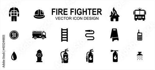 fire fighter department related vector icon user interface graphic design. Contains such icons as office, person, uniform, safety, burning house, fire fighter truck, 911 sign, ladder, water hose