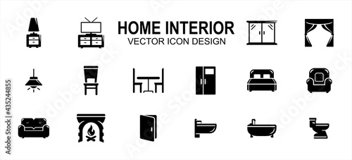 home interior ware and furniture related vector icon user interface graphic design. Contains such icons as sofa, cabinet, wardrobe, curtain, dinning table, lamp cover, refrigerator, fire place, bed