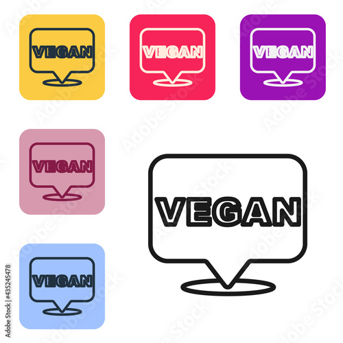Black line Vegan food diet icon isolated Black line background. Organic, bio, eco symbol. Vegan, no meat, lactose free, healthy, fresh and nonviolent food. Set icons in color square buttons. Vector
