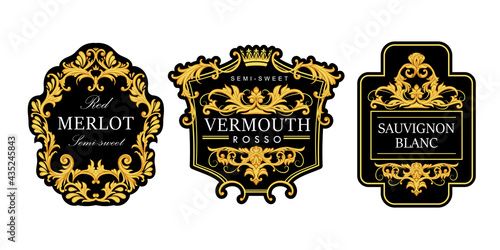 Set of elegant wine labels with golden scrolls