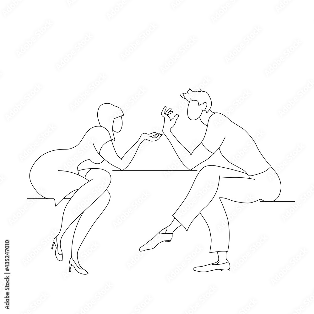 Clarification of relations in a gender couple. Disassembly. A man and a woman discuss their problems violently. Contour line vector. Characters isolated on white background