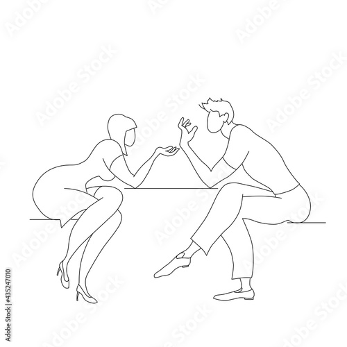 Clarification of relations in a gender couple. Disassembly. A man and a woman discuss their problems violently. Contour line vector. Characters isolated on white background