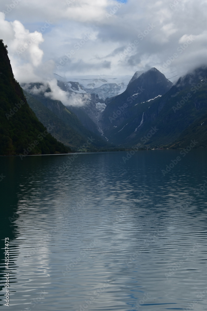 Blue lake in a mountain landscape on the horizon glacier, untouched nature
