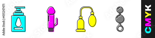 Set Personal lubricant, Dildo vibrator, Penis pump and Anal beads icon. Vector