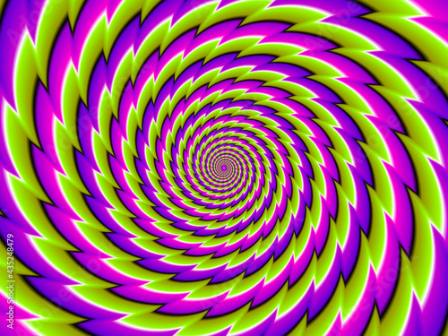 Green  pink and purple spirals. Motion illusion.