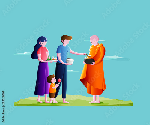 Buddhist monk holding alms bowl to receive food offering from couple and little boy in the morning-Make merit concept.