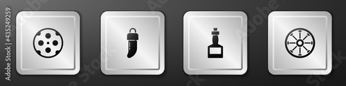 Set Revolver cylinder, Tooth, Tabasco sauce and Old wooden wheel icon. Silver square button. Vector