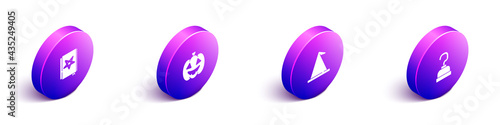 Set Isometric Ancient magic book, Pumpkin, Witch hat and Pirate hook icon. Vector