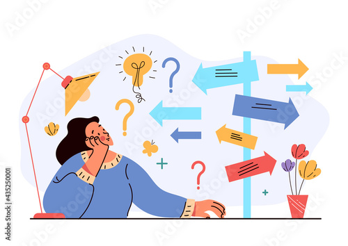 Woman character office worker sitting on workplace and choosing way arrow concept. Vector flat cartoon modern style graphic illustration