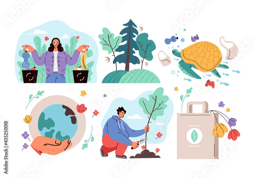 Ecology environment save protection planet Earth day ecological problems concept. Vector flat cartoon modern style graphic illustration