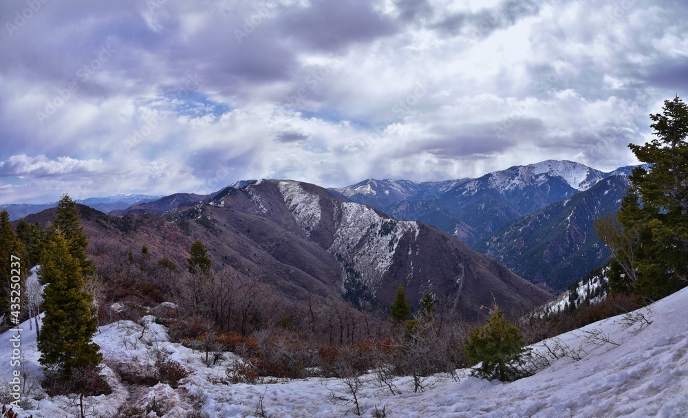 Rocky Mountains landscape views from Grandeur Peak hiking trail, Bonneville Shoreline Pipe Line Overlook Rattlesnake Gulch trail, Wasatch Front, by Salt Lake City, Utah. United States. USA