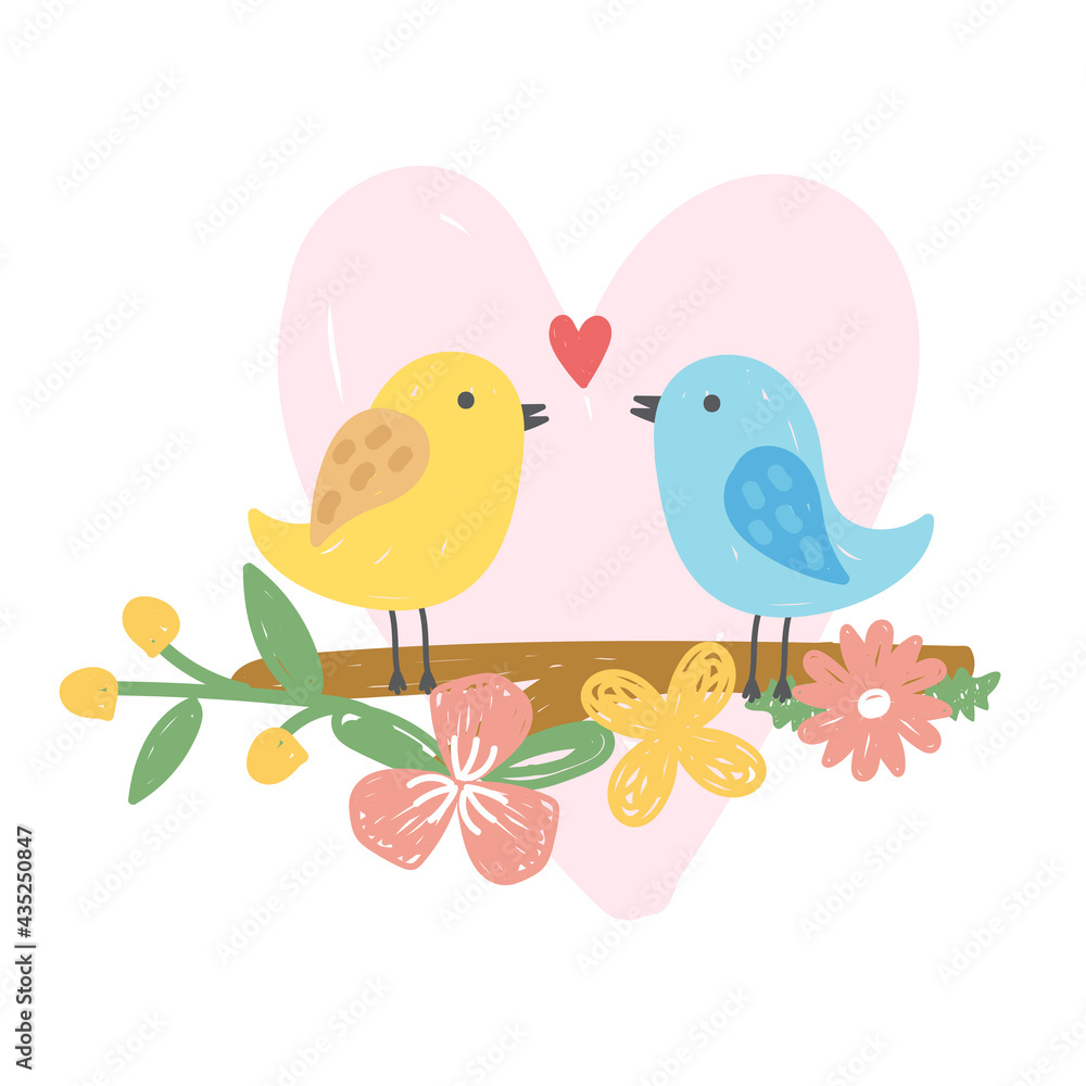 Cute birds in love. Hand drawn style. Birds couple with heart. Vector illustration. Cute birds in love. Hand drawn style. Birds couple with heart. Vector illustration.