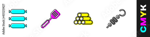 Set Sausage, Spatula, Wooden logs and Grilled shish kebab icon. Vector