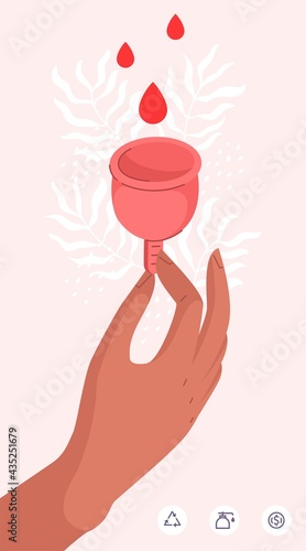 Vector concept illustration for period cup, menstrual cup, moon cup, menstruation, alternatives to tampons, eco and reusable solutions. A hand shows a menstrual cup and small icons at the bottom. photo