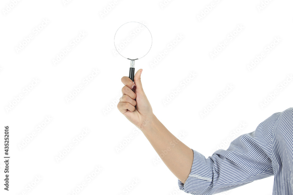 Woman hand with magnifying glas isolated on white background Woman hand with magnifying glas isolated on white background