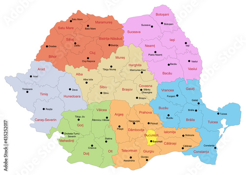 Carte de Roumanie avec représentation des régions, des départements ou judets et des chefs-lieux - Textes vectorisés et non vectorisés sur calques séparés