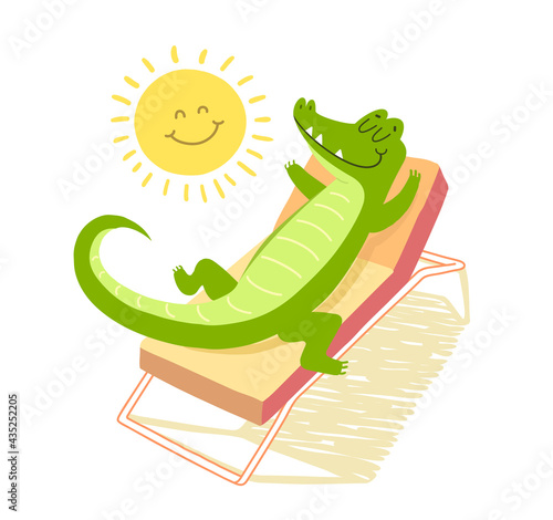 Crocodile sunbathing under the sun on a sunbed. Vacation concept. T-shirt illustration.