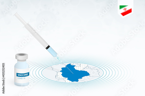 COVID-19 vaccination in Iran, coronavirus vaccination illustration with vaccine bottle and syringe injection in map of Iran.