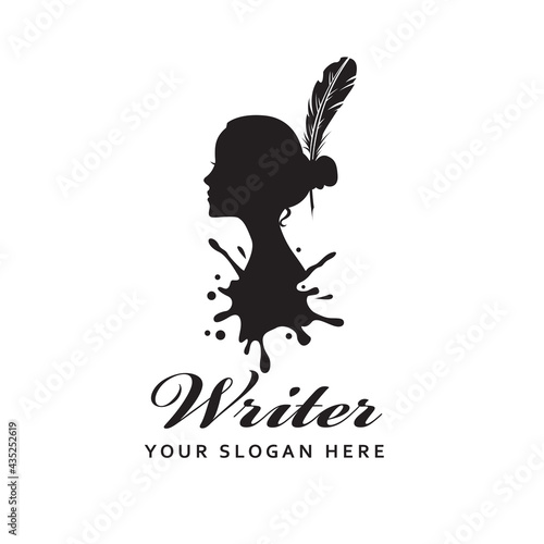 woman writer icon with feather pen against background of ink blot isolated on white background