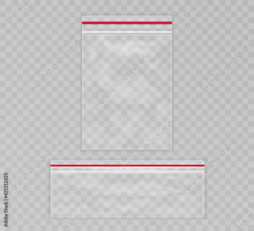 Set of empty transparent plastic zipper bags.Realistic pillow package for food. White blank slim and fat pouch. Nylon zip bag. Stock vector illustration on transparent isolated background.