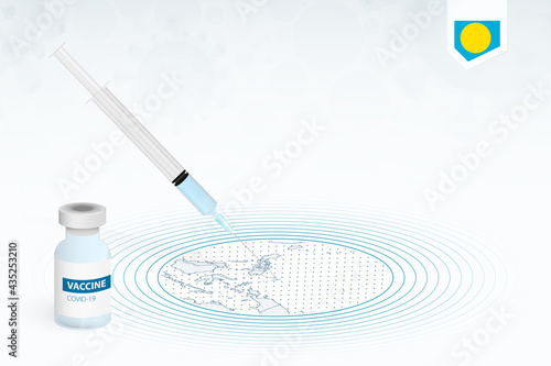 COVID-19 vaccination in Palau, coronavirus vaccination illustration with vaccine bottle and syringe injection in map of Palau.
