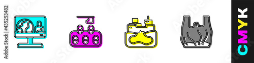 Set Weather forecast, Deforestation, Wrecked oil tanker ship and Say no to plastic bags poster icon. Vector