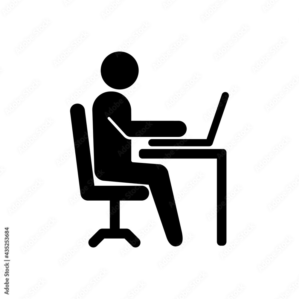 Office worker vector icon isolated on white background. Working place at the table with a laptop. Flat work computer icon Office worker vector icon isolated on white background. Working place at the table with a laptop. Flat work computer icon