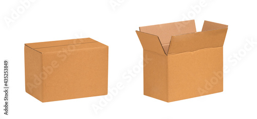 Kraft cardboard boxes isolated on white background. Box mockup design.