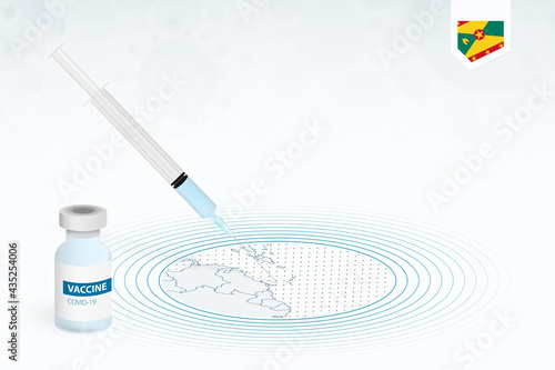 COVID-19 vaccination in Grenada, coronavirus vaccination illustration with vaccine bottle and syringe injection in map of Grenada.