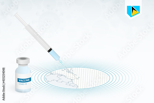 COVID-19 vaccination in Saint Lucia, coronavirus vaccination illustration with vaccine bottle and syringe injection in map of Saint Lucia.