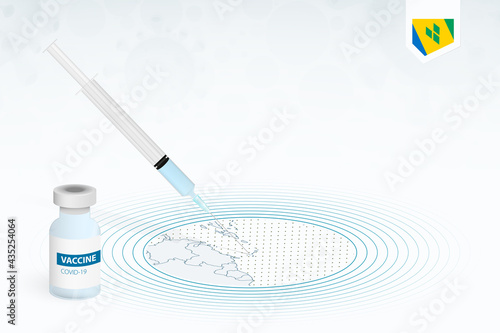 COVID-19 vaccination in Saint Vincent and the Grenadines, coronavirus vaccination illustration with vaccine bottle and syringe injection in map of Saint Vincent and the Grenadines.