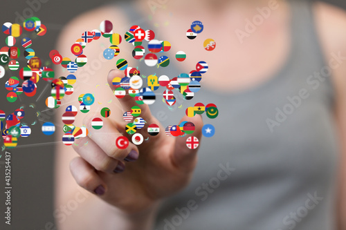 Global communication and international messaging concept, national flags of world