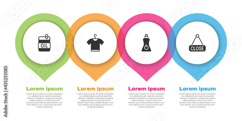 Set Bottle of olive oil, T-shirt, Sauce bottle and Hanging sign with Closed. Business infographic template. Vector