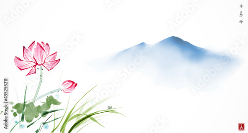 Landscape with lotus flowers and misty blue mountains. Traditional oriental ink painting sumi-e, u-sin, go-hua. Hieroglyphs - spirit, nature, peace, beauty