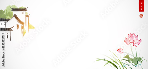 Landscape with lotus flowers and traditional chinese village on white background. Hieroglyphs - eternity, freedom, happiness, well-being. Traditional oriental ink painting sumi-e, u-sin, go-hua.