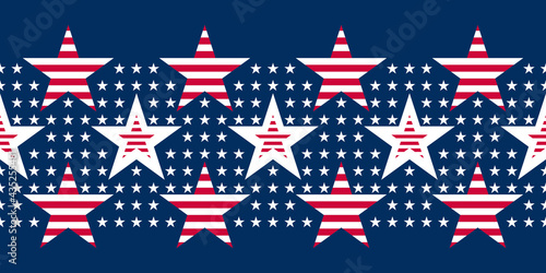 Abstract seamless vector pattern Border with small white five pointed stars and big stars with red stripes. Independence day background. Old glory red and blue colours.