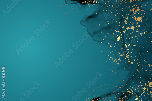 Modern watercolor background or elegant card design for birthday invite or wedding or menu with abstract teal or turquoise green ink waves and golden splashes.