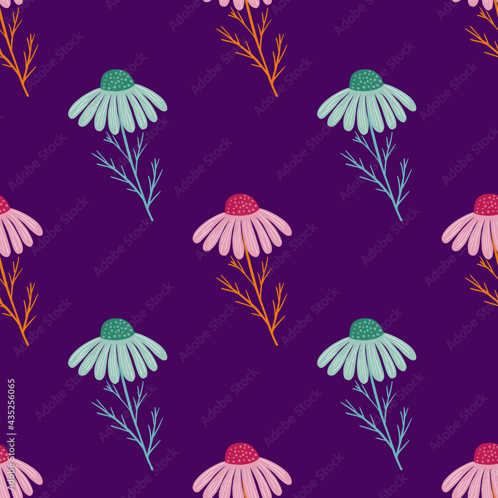 Bright blue and pink chamomile flowers seamless pattern. Purple background. Floral nature artwork.