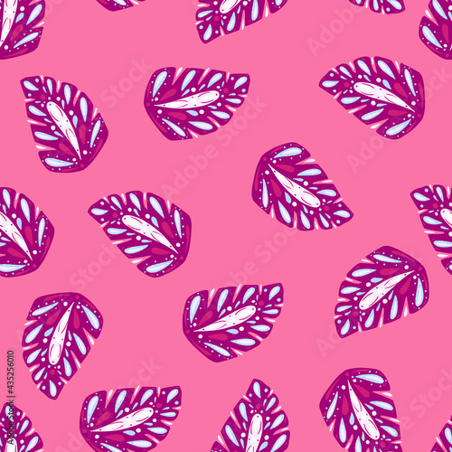 Bright purple folk monstera silhouettes seamless nature pattern. Pink backround. Random ornament.