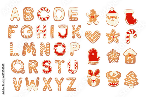 Christmas gingerbread cookies alphabet with figures. Biscuit letters, characters for xmas messages and design. Vector illustration with decorations.
