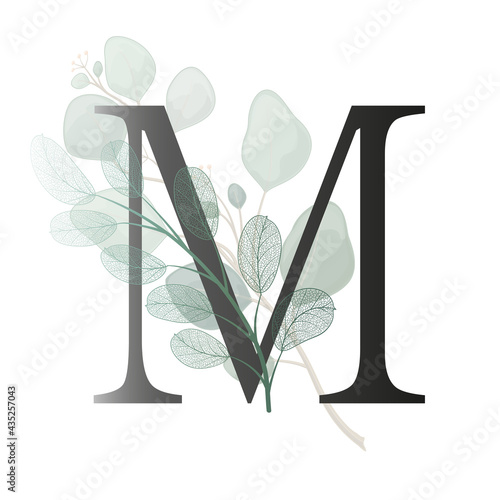 Floral Alphabet. Set letters with leaves eucalyptus. Wedding invitations, greeting card, birthday, logo, poster other ideas. Vector illustration.