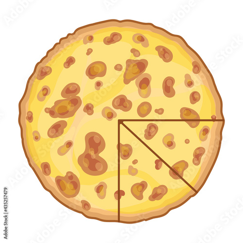 Traditional Georgian dish is Megrelian khachapuri. Freshly baked hot round flatbread stuffed with suluguni cheese. Khachapuri is greased on top with egg and butter. Vector isolated.
