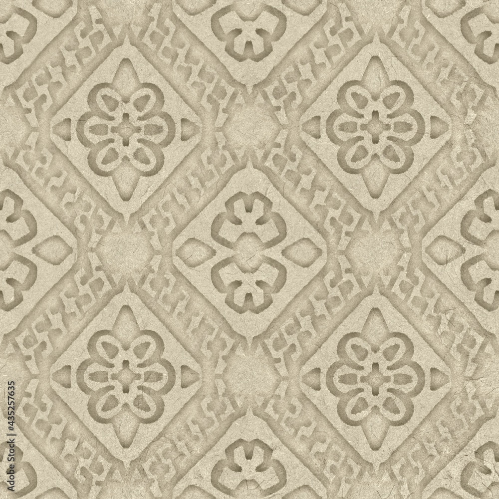 Seamless embossed paper texture for print. High quality illustration. Beige taupe or tan paper texture with embossed abstract ethnic tribal design overlay. Seamless repeat raster jpg pattern swatch. Seamless embossed paper texture for print. High quality illustration. Beige taupe or tan paper texture with embossed abstract ethnic tribal design overlay. Seamless repeat raster jpg pattern swatch.